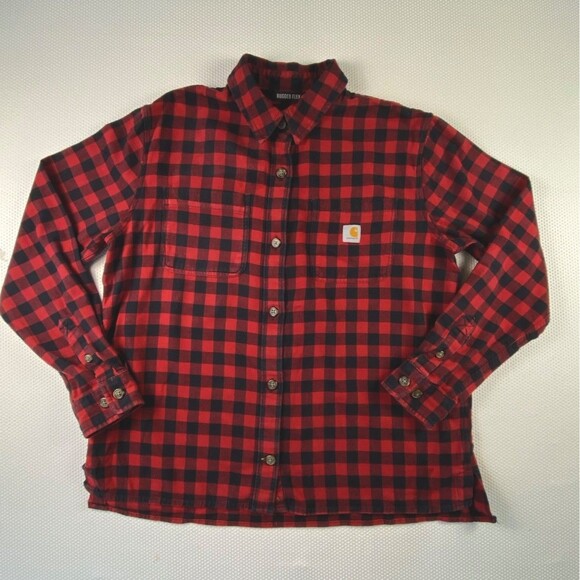 Carhartt Red Black Check Rugged Flex Loose Fit Flannel Button Up Shirt Medium - Picture 1 of 13